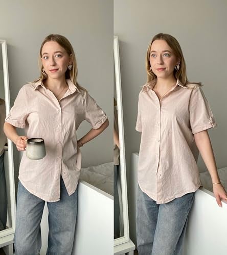 Zeagoo Women's Blouses Casual Button Up Shirts for Women Linen Button Down Short Sleeve V Neck Collar Teacher Tops Light Khaki - Image 3
