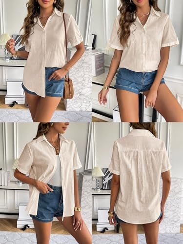 Zeagoo Women's Blouses Casual Button Up Shirts for Women Linen Button Down Short Sleeve V Neck Collar Teacher Tops Light Khaki - Image 5