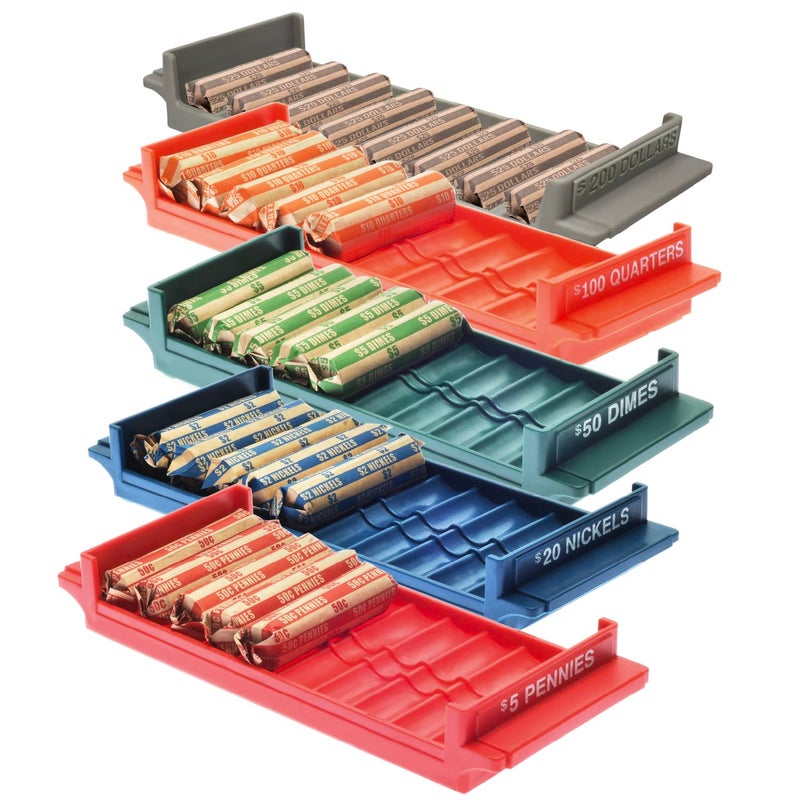 Nadex Rolled Coin Storage Organizer 5 Tray Set with Ridges for Loose Coins Dollar Quarters Dimes Nickles and Penny Color Coded Trays - Image 2