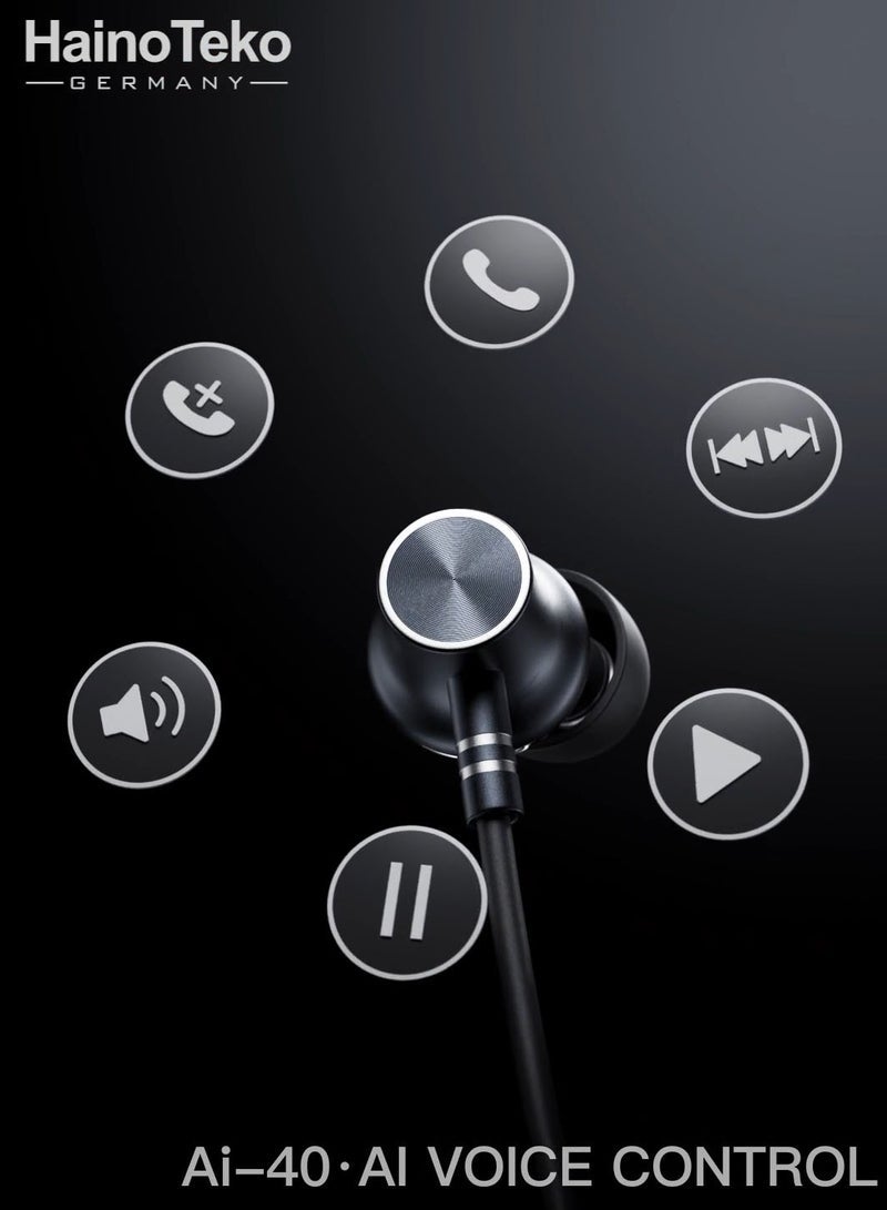 Haino Teko Ai-40 Neckband Wireless Earphone – AI Voice Control, 40-Hour Battery Life, and Multi-Functional Button Controls – Black – Comfortable In-Ear Bluetooth Headset with Deep Bass, Noise Isolation, and Magnetic Earbuds for Android and iOS Devices - Image 5