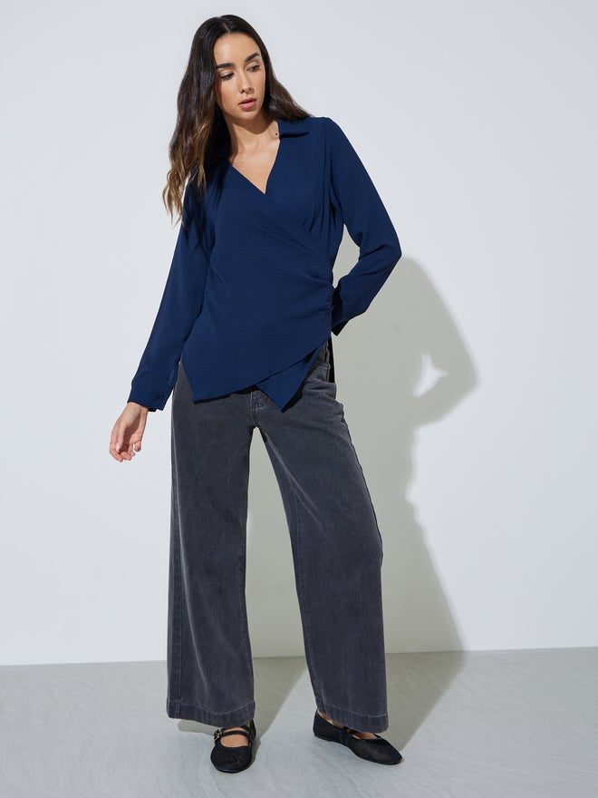 Styli Navy Blue Drape Wrap Top with Buckle Detail - Image 2