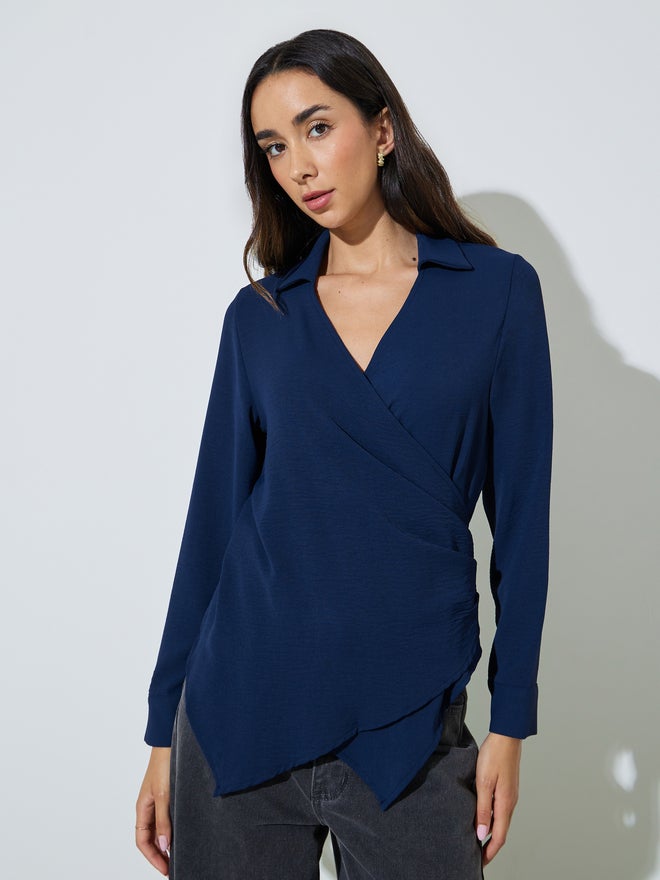 Styli Navy Blue Drape Wrap Top with Buckle Detail - Image 3