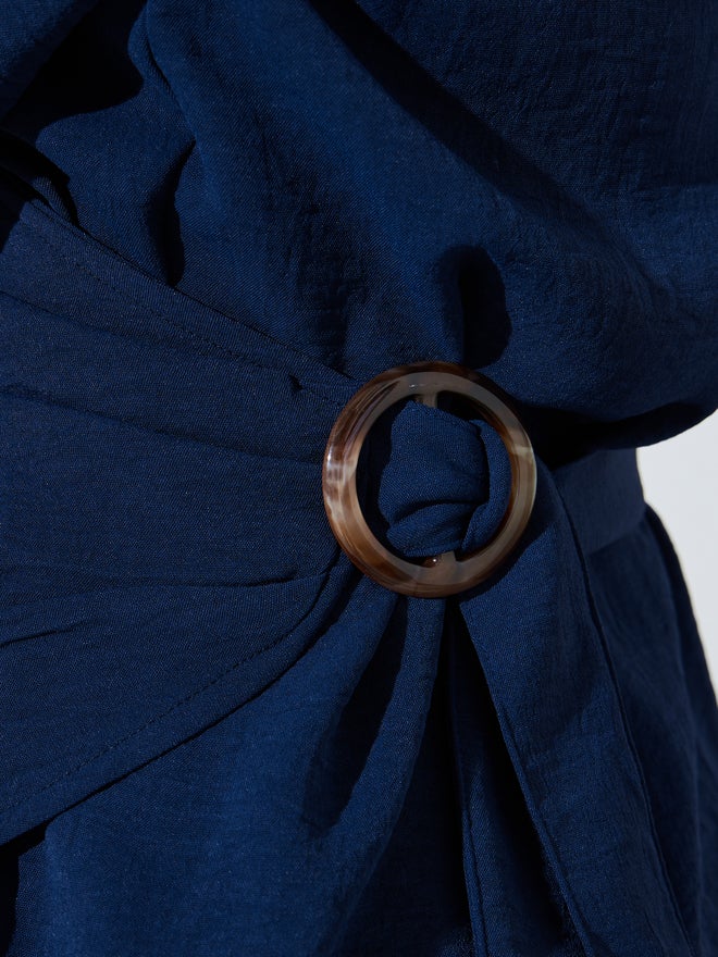 Styli Navy Blue Drape Wrap Top with Buckle Detail - Image 5