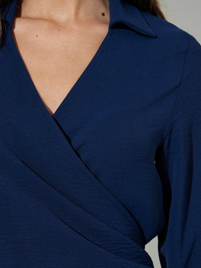 Styli Navy Blue Drape Wrap Top with Buckle Detail - Image 4
