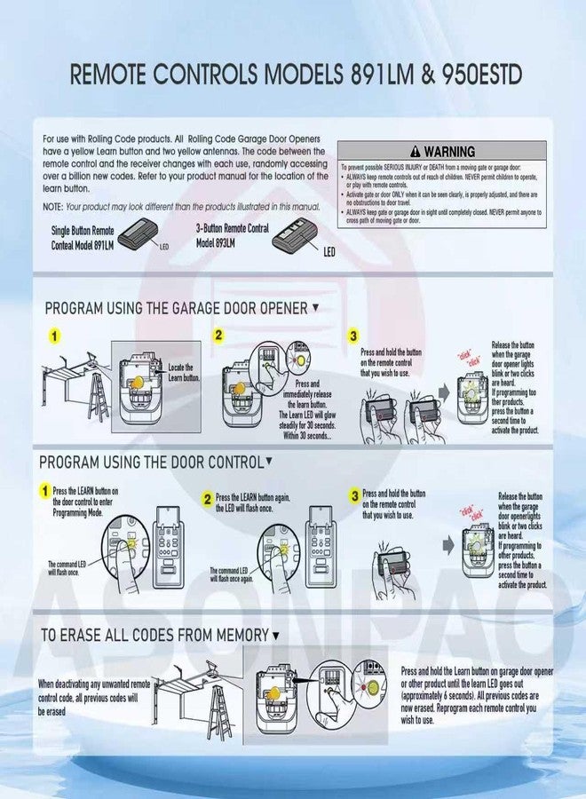 ASONPAO جهاز تحكم عن بعد ASONPAO Alisontech 950ESTD مخصص فقط لزر التعلم الأصفر الخاص بـ Chamberlain Garage Door Opener Security+ 2.0 myQ (عبوة من قطعتين) - Image 5