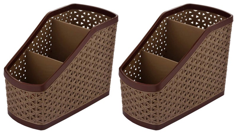 Kuber Industries Kuber Industries Desk Organizer Box With 3 CompartmentPlastic Stationery Storage standCutlery Stand Bathroom StandPack of 2 Brown  - Image 1