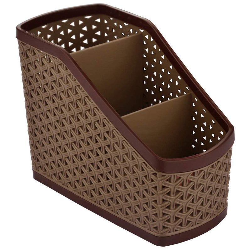 Kuber Industries Kuber Industries Desk Organizer Box With 3 CompartmentPlastic Stationery Storage standCutlery Stand Bathroom StandPack of 2 Brown  - Image 3
