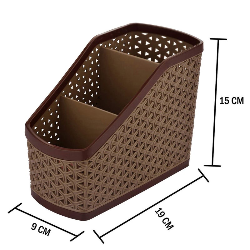 Kuber Industries Kuber Industries Desk Organizer Box With 3 CompartmentPlastic Stationery Storage standCutlery Stand Bathroom StandPack of 2 Brown  - Image 4