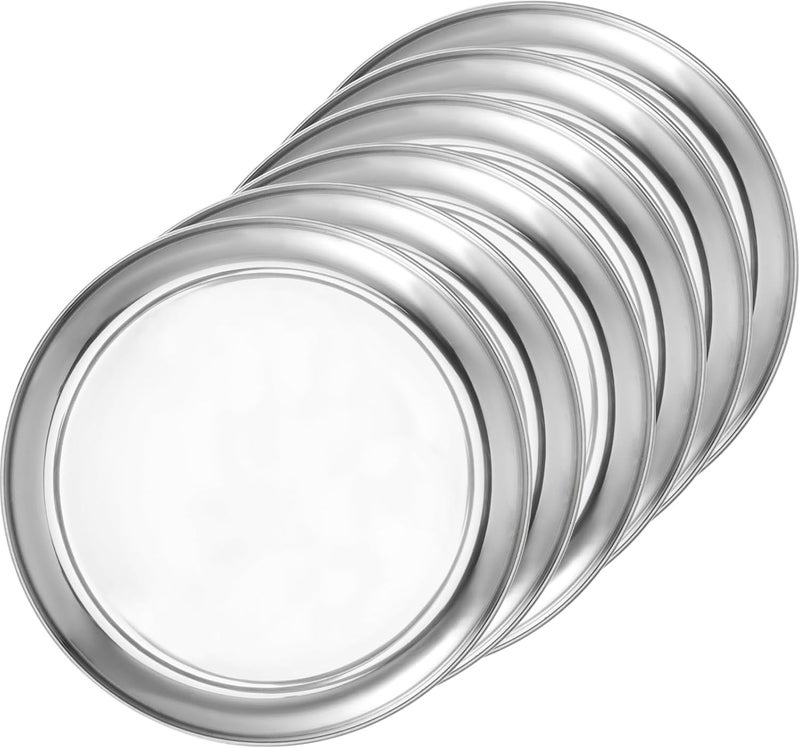 JOIKIT 6 Pack 12 Inch Silver Stainless Steel Plate Round Metal Dinner Plates Kitchenware Dinner Dishes Serving Tray Large Camping Plates for BBQ Snack Food Serving Dishwasher Safe - Image 1
