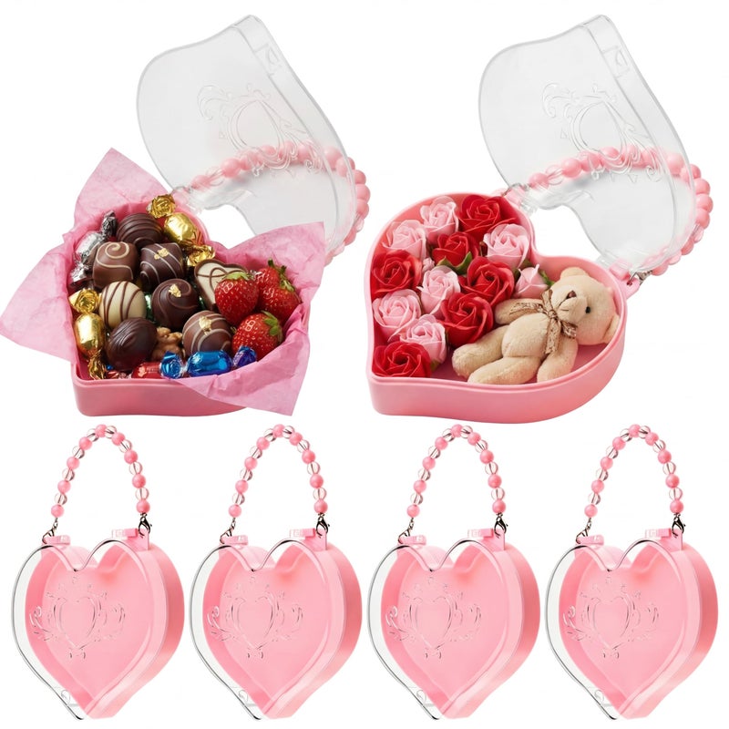 Youyole 6 Pcs Valentine Day Heart Shape Containers with Handle Valentine's Day Snack Box Small Plastic Food Gift Bag Portable Jewelry Organizer for Flower Candy Galentine Party Favor(Pink) - Image 1