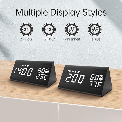 Jall Digital Alarm Clock, with Wooden Electronic LED Time Display, 3 Alarm Settings, Humidity & Temperature Detect, Wood Made Electric Clocks for Bedroom, Bedside (Black) - Image 5
