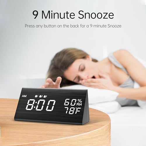 Jall Digital Alarm Clock, with Wooden Electronic LED Time Display, 3 Alarm Settings, Humidity & Temperature Detect, Wood Made Electric Clocks for Bedroom, Bedside (Black) - Image 4