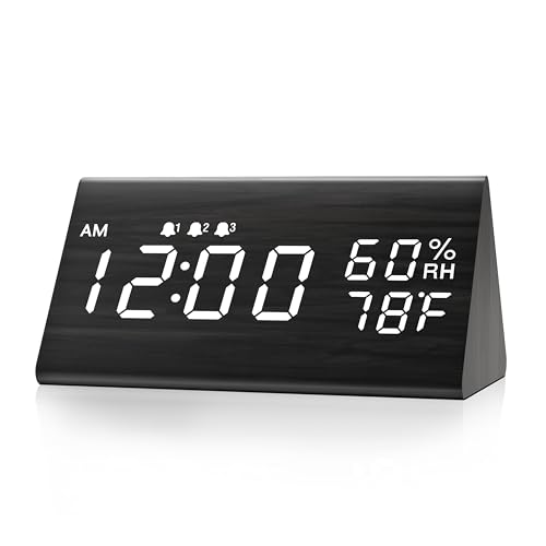 Jall Digital Alarm Clock, with Wooden Electronic LED Time Display, 3 Alarm Settings, Humidity & Temperature Detect, Wood Made Electric Clocks for Bedroom, Bedside (Black) - Image 1