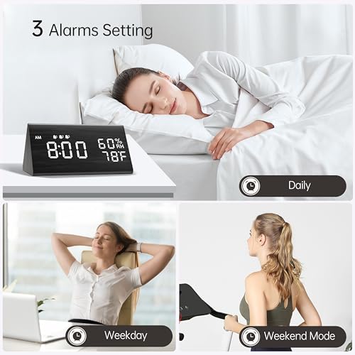 Jall Digital Alarm Clock, with Wooden Electronic LED Time Display, 3 Alarm Settings, Humidity & Temperature Detect, Wood Made Electric Clocks for Bedroom, Bedside (Black) - Image 2