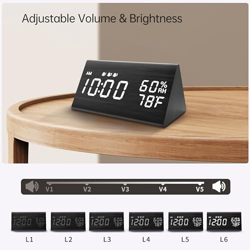 Jall Digital Alarm Clock, with Wooden Electronic LED Time Display, 3 Alarm Settings, Humidity & Temperature Detect, Wood Made Electric Clocks for Bedroom, Bedside (Black) - Image 3