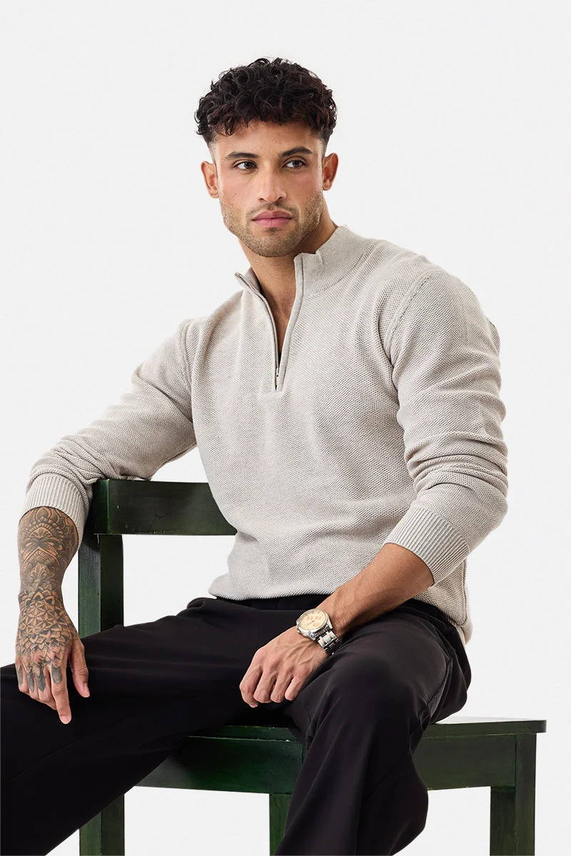 سنيتش Beige Textured Long Sleeve Regular Fit Sweater