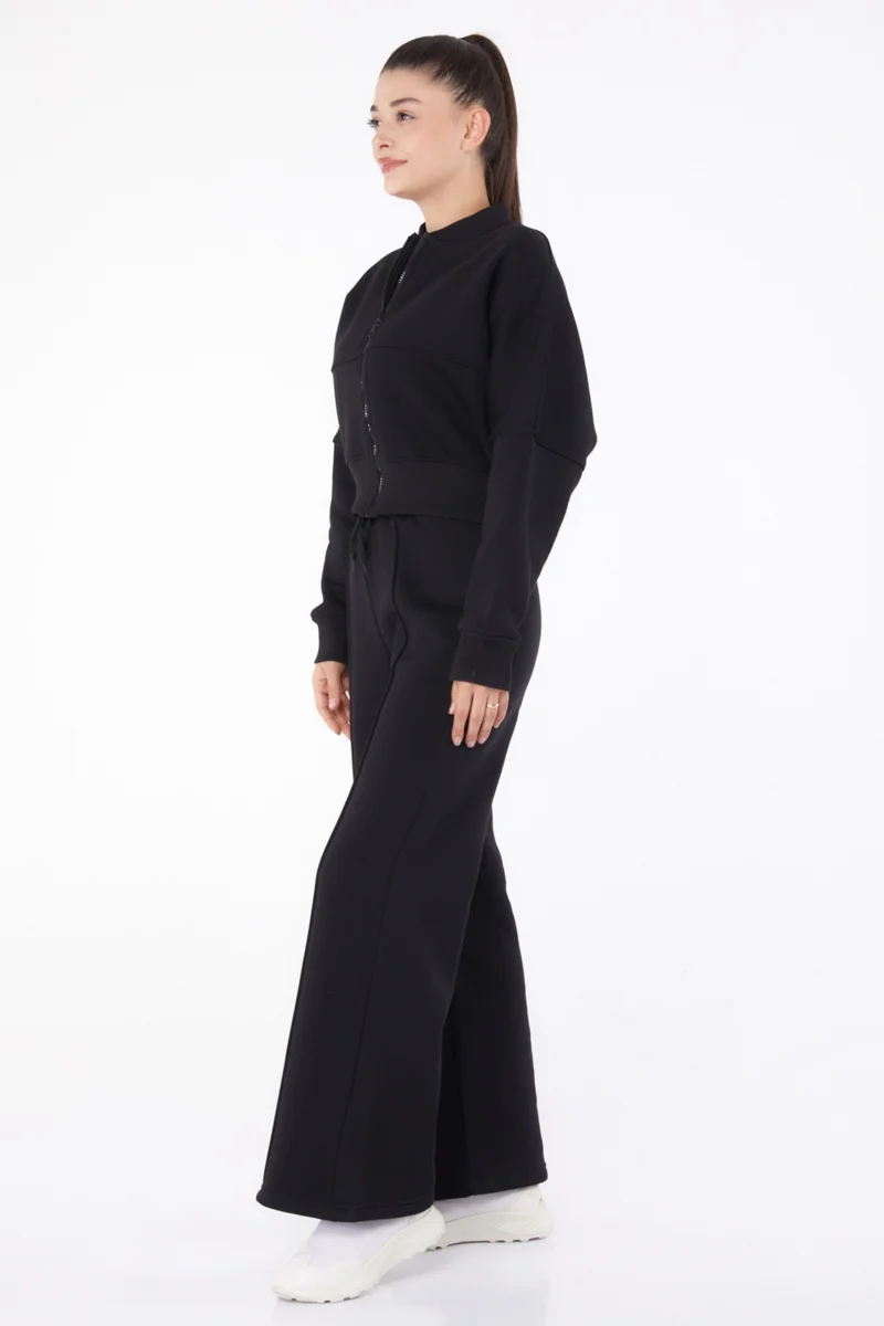 Tofisa Plain Mandarin Collar Women's Black Tracksuit - 26275