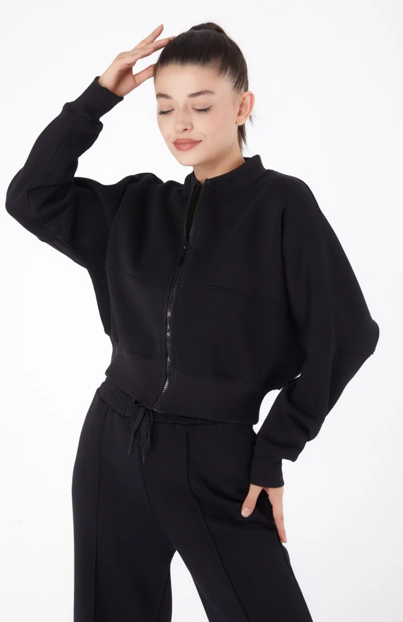 Tofisa Plain Mandarin Collar Women's Black Tracksuit - 26275