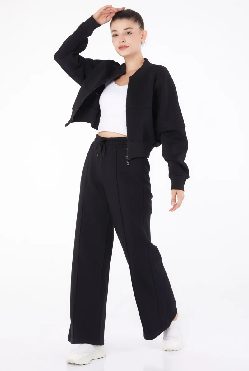 Tofisa Plain Mandarin Collar Women's Black Tracksuit - 26275