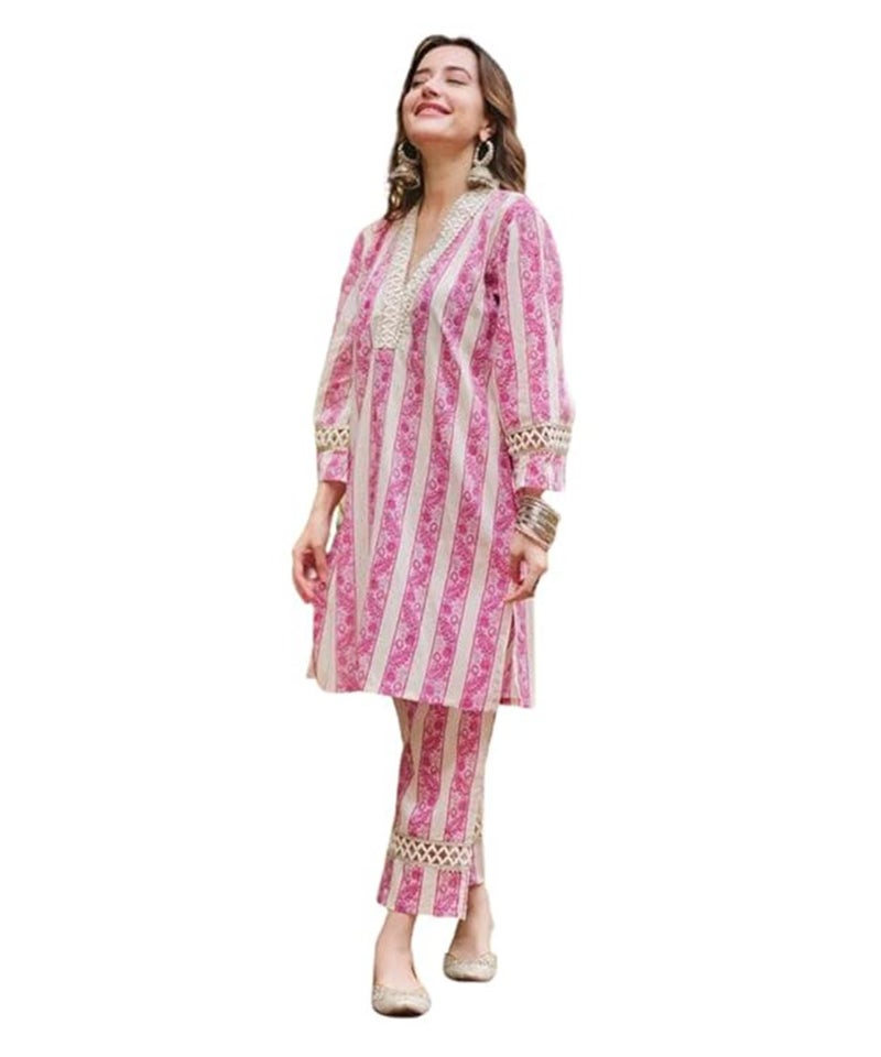 LookMark Women's Cotton Blend Kurta and Pant - Suitable for Every Indian Occasion (AZ-LM-OG-KS2192-S) Pink - Image 1