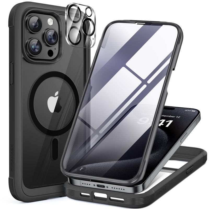 Miracase Magnetic for iPhone 12 Pro Max Case [Compatible with MagSafe] Full-Body Phone case with Built-in Glass Screen Protector& Camera Protector, Military Drop Proof 12 Pro Max Cover, Black - Image 1
