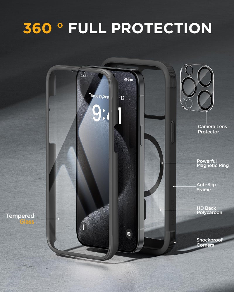 Miracase Magnetic for iPhone 12 Pro Max Case [Compatible with MagSafe] Full-Body Phone case with Built-in Glass Screen Protector& Camera Protector, Military Drop Proof 12 Pro Max Cover, Black - Image 2