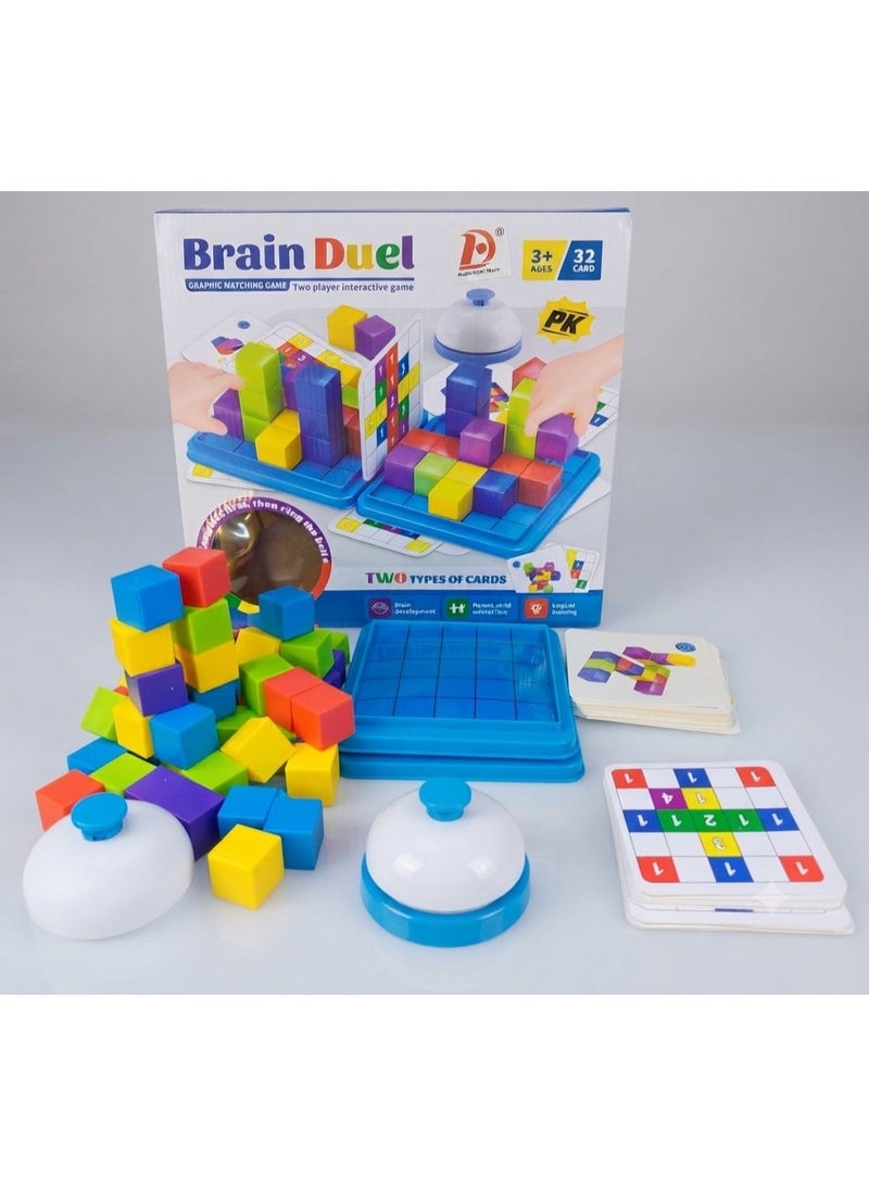 لعبة Brain Duel التعليمية – لعبة مطابقة الأشكال والبناء – لاعبان – 32 بطاقة تحدي مع جرس – +3 سنوات - Image 1
