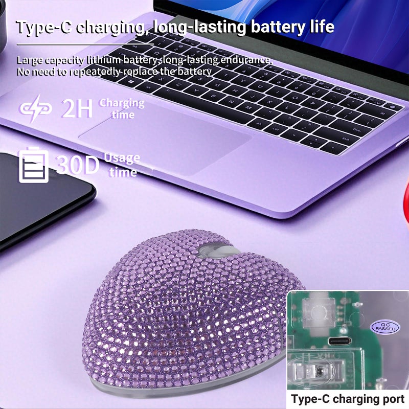 elec Space Wireless Bluetooth Mouse, Silent and Stylish Heart-Shaped Mouse for Laptop, PC - 10m Range (Purple) - Image 5