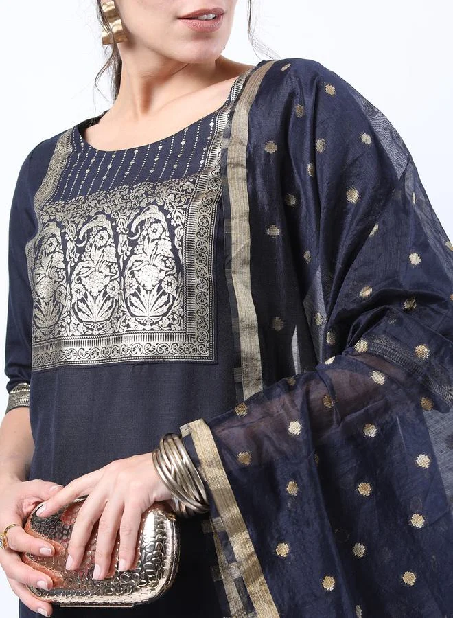 Ketch Foil Print Straight Kurta and Palazzo with Dupatta by Styli