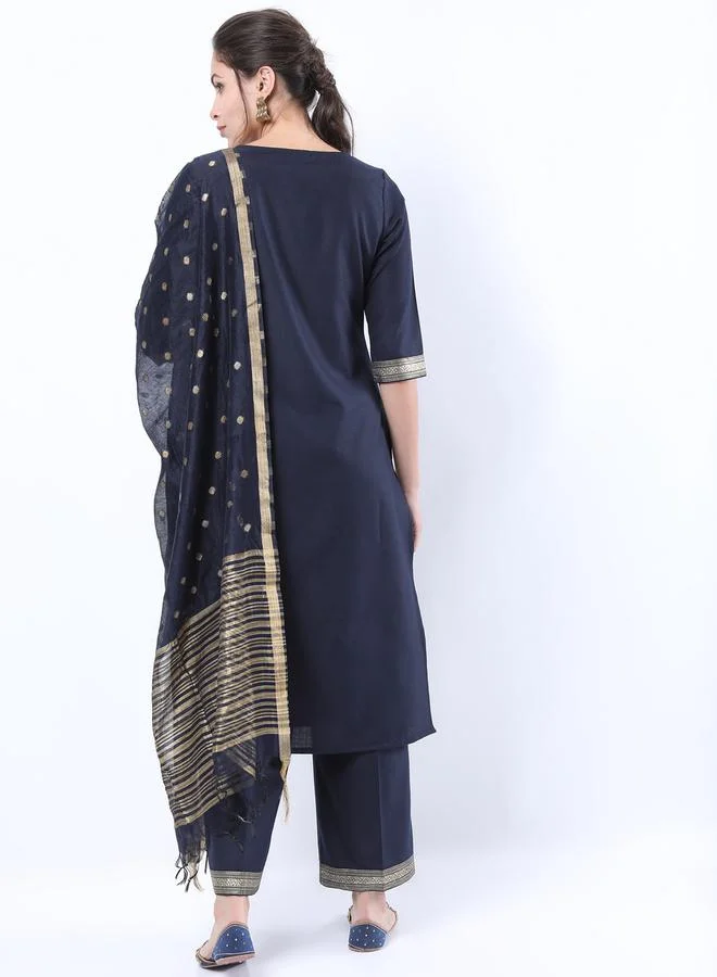 Ketch Foil Print Straight Kurta and Palazzo with Dupatta by Styli