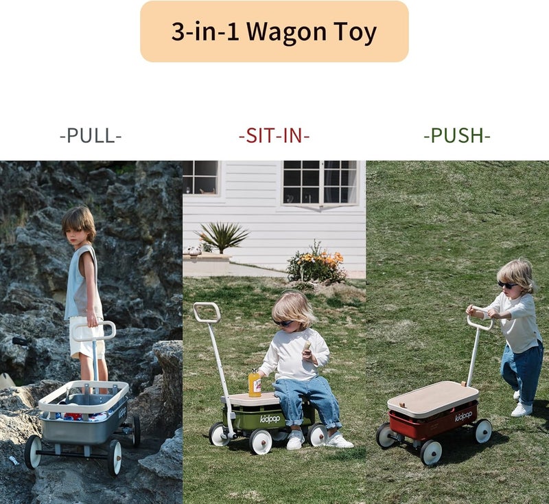 Kidpop PULA-Wild 3-in-1 Kids' Pull-Along Wagon Toddlers Push Walker for 2.5-8, Removable Wooden Cover and Adjustable Handlebar, Birthday Gifts Max Weight 33 lbs (Grey) - Image 3