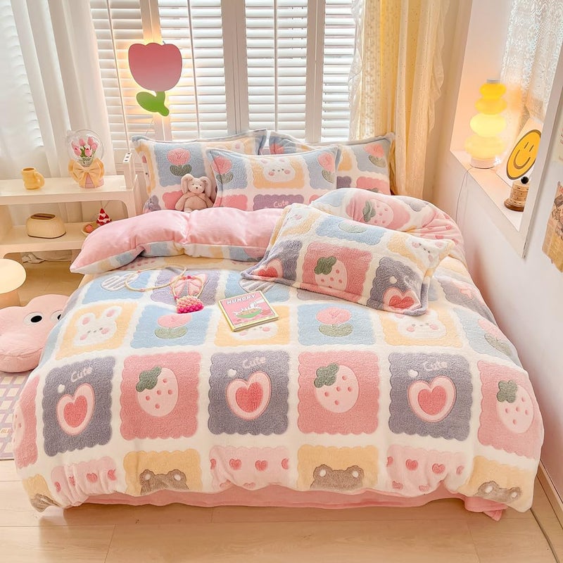 CinYana CinYana Plaid Duvet Cover Set Floral Duvet Cover Fluffy Comforter Cover Kawaii Cartoon Bunny Comforter Cover Soft Kids Duvet Cover Queen Bedding Set Lovely Grid Queen 