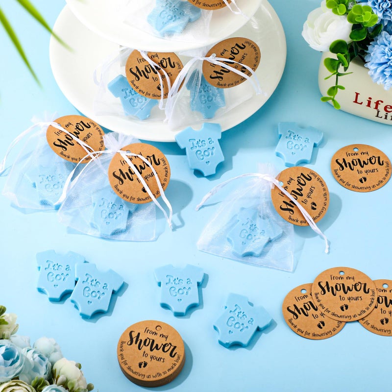 Swiffen Bodysuit Themed Baby Shower Soap Favors for Guests Boy Girl Shirt Shape Mini Handmade Soaps with Thank You Tags Organza Bags for Gender Reveal Party Favors(It's A Boy) - Image 4