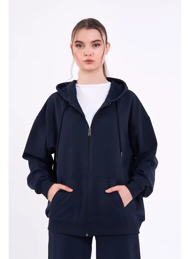 Mmetalic Oversized Navy Women's Hooded Zip-Up Sweatshirt with Kangaroo Pockets