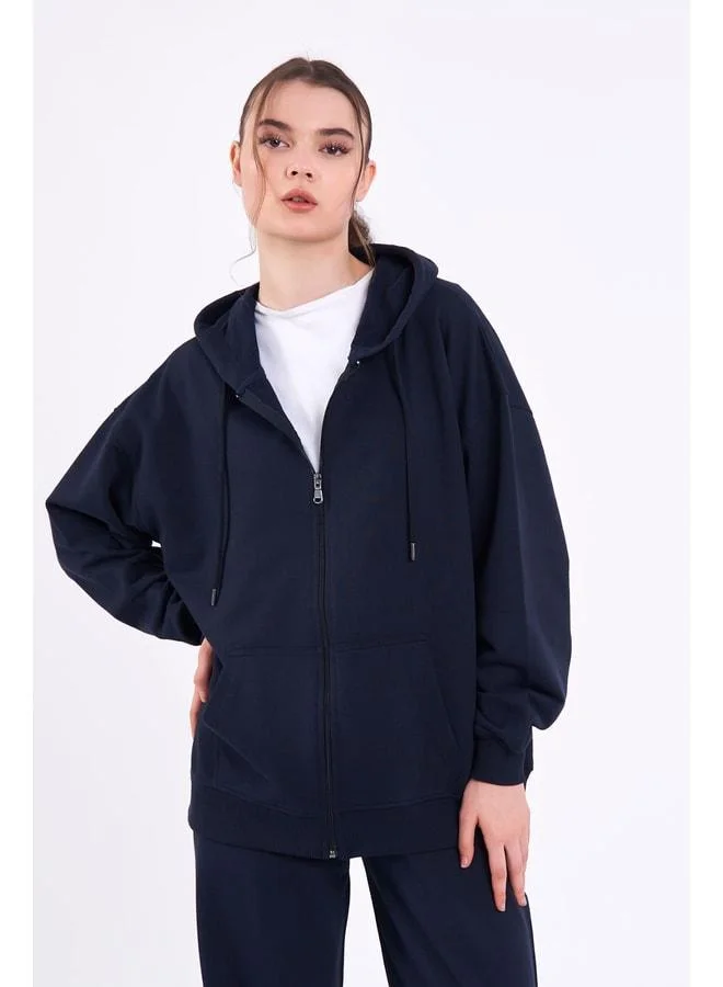 Mmetalic Oversized Navy Women's Hooded Zip-Up Sweatshirt with Kangaroo Pockets