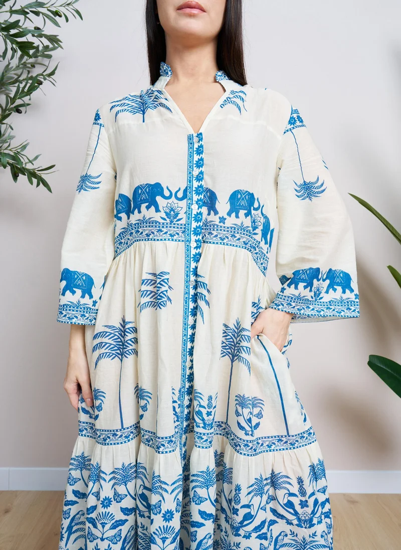 Couturelabs White Blue Placement Print Maxi Dress