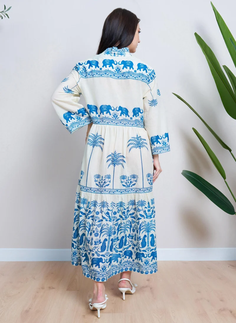 Couturelabs White Blue Placement Print Maxi Dress