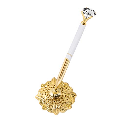 RUTICH Hollow Round Pen Holder Signing Pen Set with Big Diamond Crystal Pen for Wedding Bridal Opening Ceremony Graduation Office, Golden Holder with White Pen(Black Ink) - Image 1