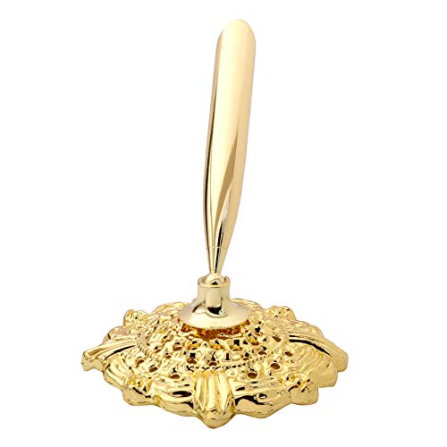 RUTICH Hollow Round Pen Holder Signing Pen Set with Big Diamond Crystal Pen for Wedding Bridal Opening Ceremony Graduation Office, Golden Holder with White Pen(Black Ink) - Image 2