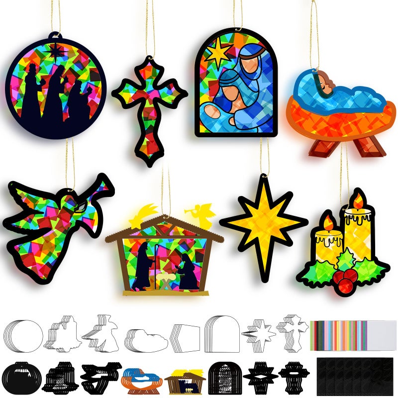 DoubleFill 48 Pcs Christmas Nativity Suncatchers Craft Kits Christian Religious Christmas Crafts Nativity Stained Glass Tissue Paper Craft Kit for Window Art Activities Xmas Decoration - Image 3