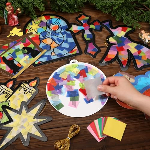 DoubleFill 48 Pcs Christmas Nativity Suncatchers Craft Kits Christian Religious Christmas Crafts Nativity Stained Glass Tissue Paper Craft Kit for Window Art Activities Xmas Decoration - Image 5
