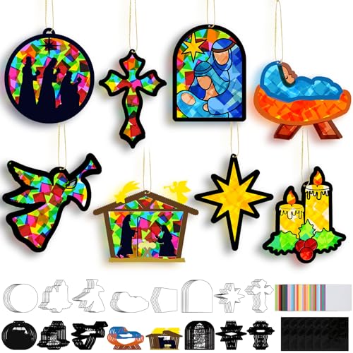 DoubleFill 48 Pcs Christmas Nativity Suncatchers Craft Kits Christian Religious Christmas Crafts Nativity Stained Glass Tissue Paper Craft Kit for Window Art Activities Xmas Decoration - Image 1
