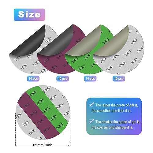Rolokit 40PCS 5 Inch Wet Dry Sanding Discs, Hook & Loop Orbital Sandpaper 1000/2000/3000/5000 Assorted Grit,Silicon Carbide High Grit Round Flocking Grinding Abrasive Paper for Auto, Wood or Metal Polishing - Image 2