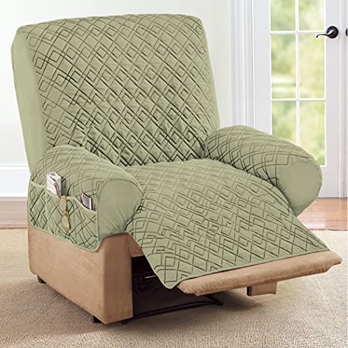 Collections Etc Diamond-Shape Quilted Stretch Recliner Cover with Storage Pockets and Elastic Straps - Furniture Protector - Image 2