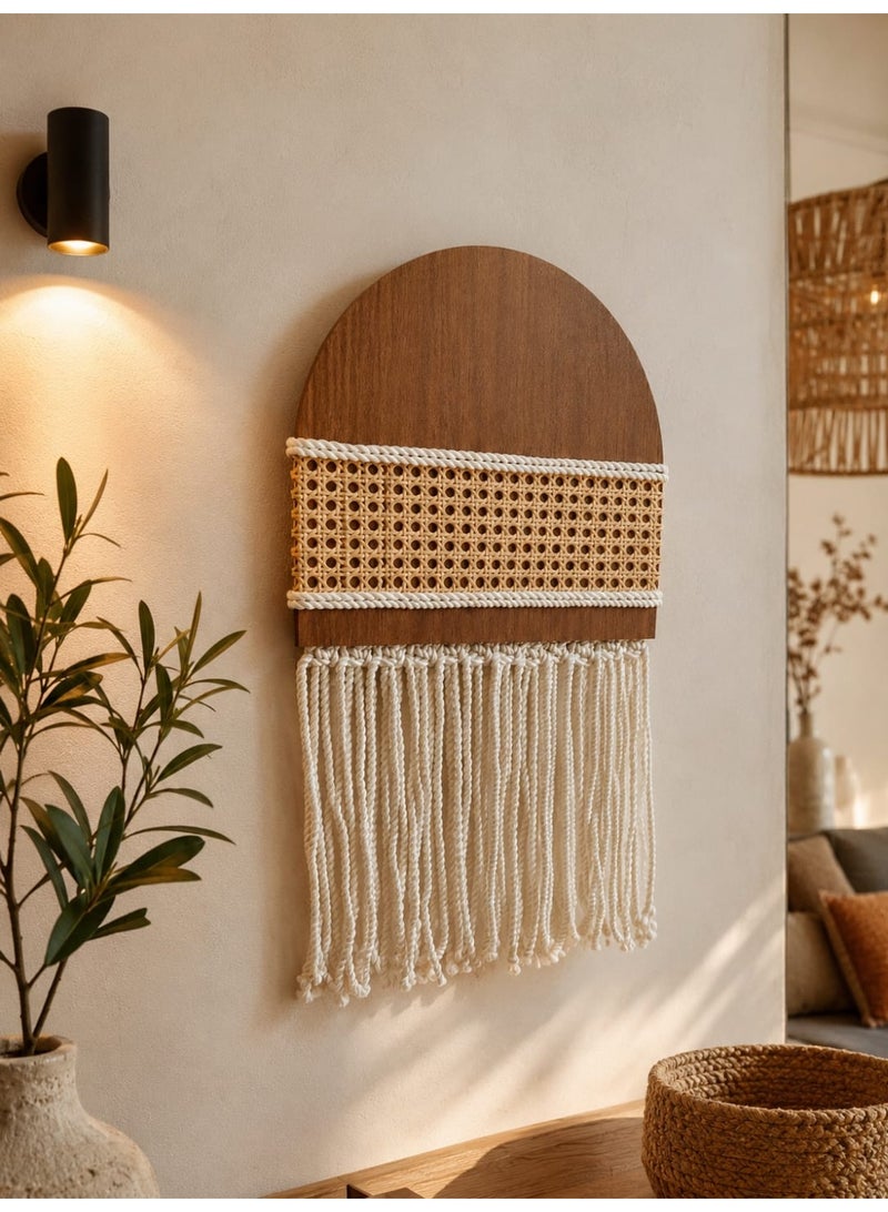 Boho-style wooden decor featuring macramé cords and cane webbing. - Image 1