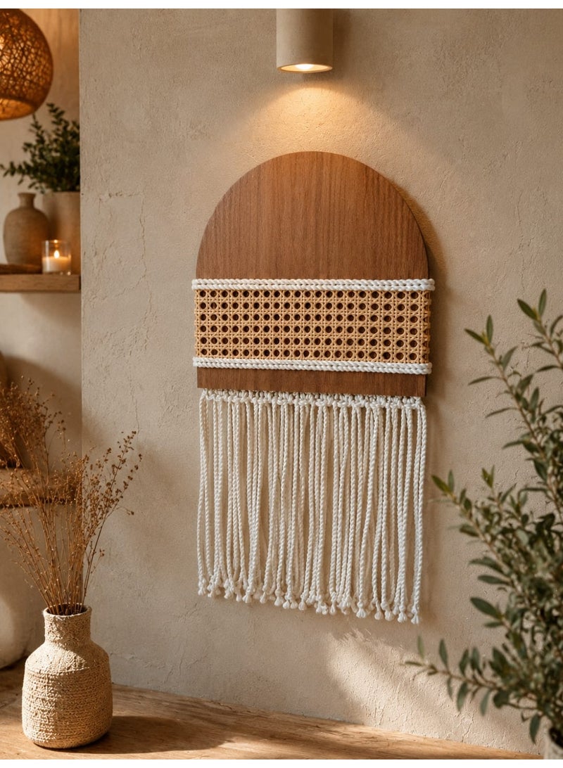 Boho-style wooden decor featuring macramé cords and cane webbing. - Image 2