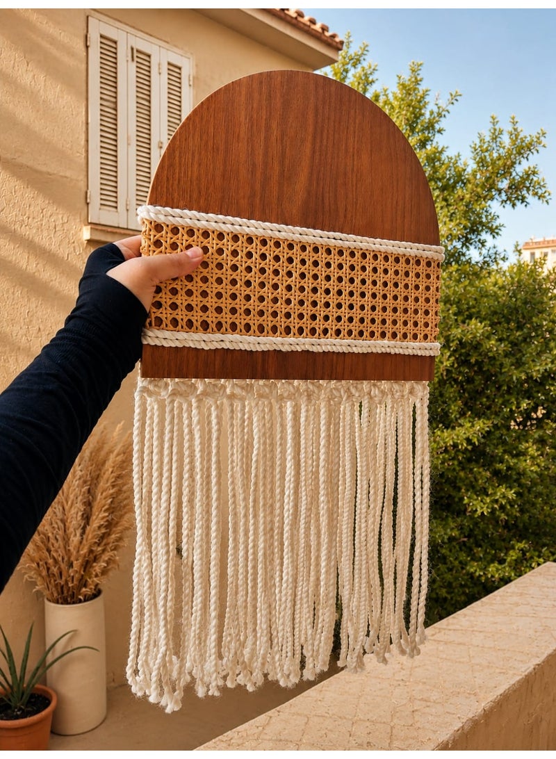 Boho-style wooden decor featuring macramé cords and cane webbing. - Image 3
