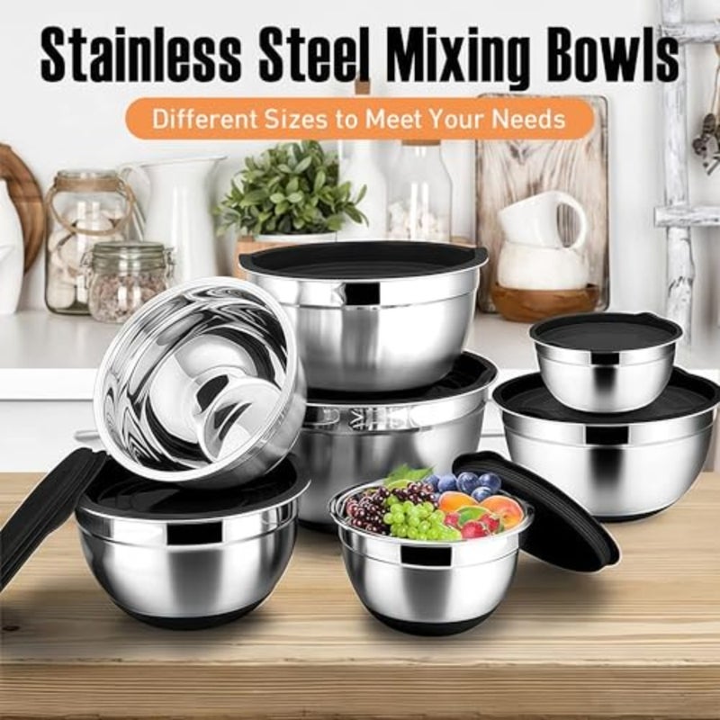 Mixing Bowls with Lids, Stainless Steel Mixing Bowls, Non-Slip Bottoms, Including Kitchen Utensils, Mixing Bowl Set for Kitchen Mixing Baking Prepping Cooking Serving - Image 2
