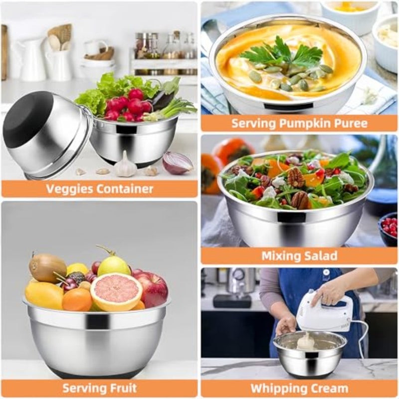 Mixing Bowls with Lids, Stainless Steel Mixing Bowls, Non-Slip Bottoms, Including Kitchen Utensils, Mixing Bowl Set for Kitchen Mixing Baking Prepping Cooking Serving - Image 3
