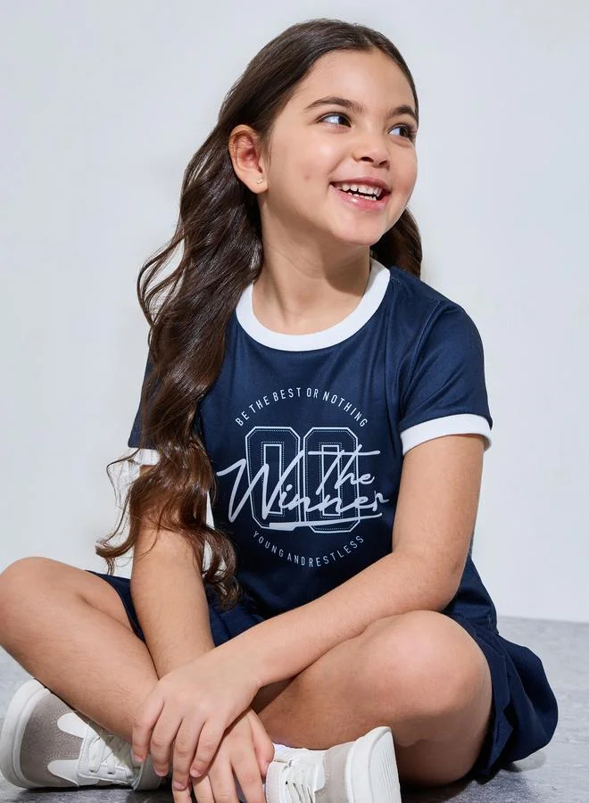Styli Girls Navy Blue Regular Fit Printed Ringer T-Shirt